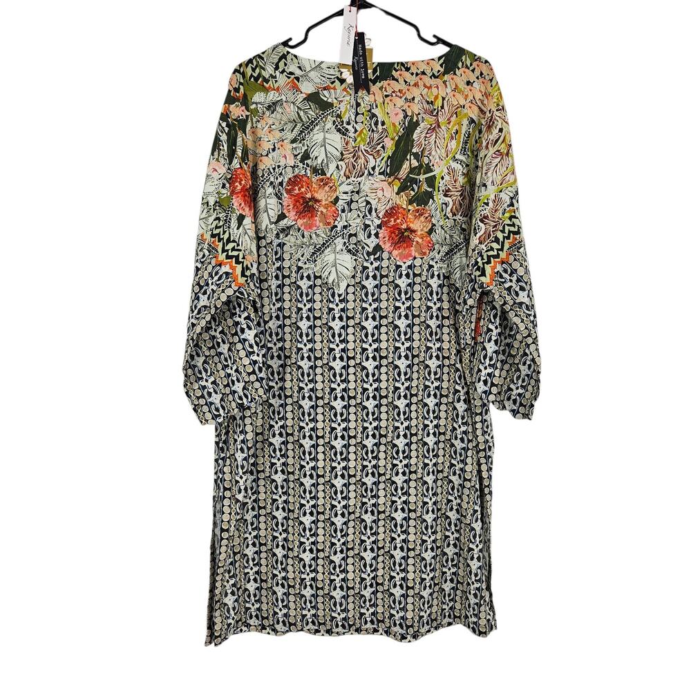 Kayseria Pret Shift Dress Black Green Floral 3/4 Sleeve Tunic Mini NWT Size 16